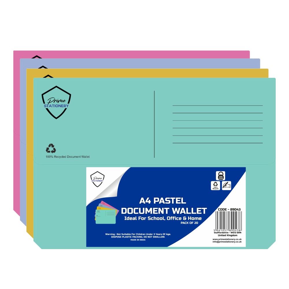 Prime A4 Pastel Document Wallet Pack of 20